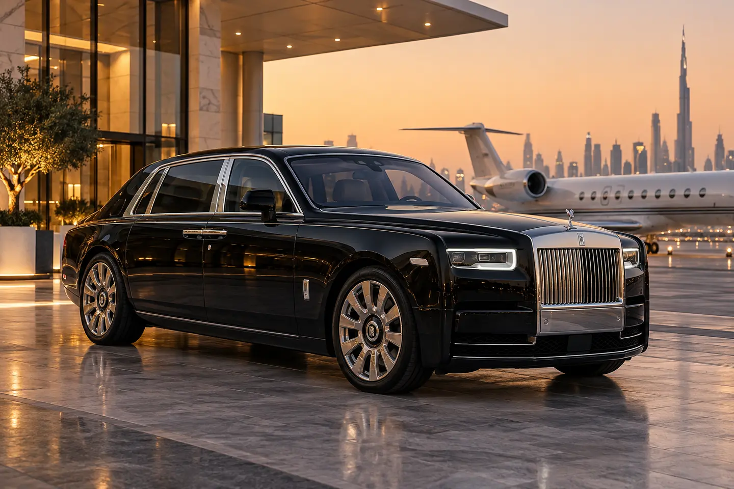 Illustrative black Rolls-Royce Phantom Series II luxury sedan at a Dubai terminal with all doors closed and no plates