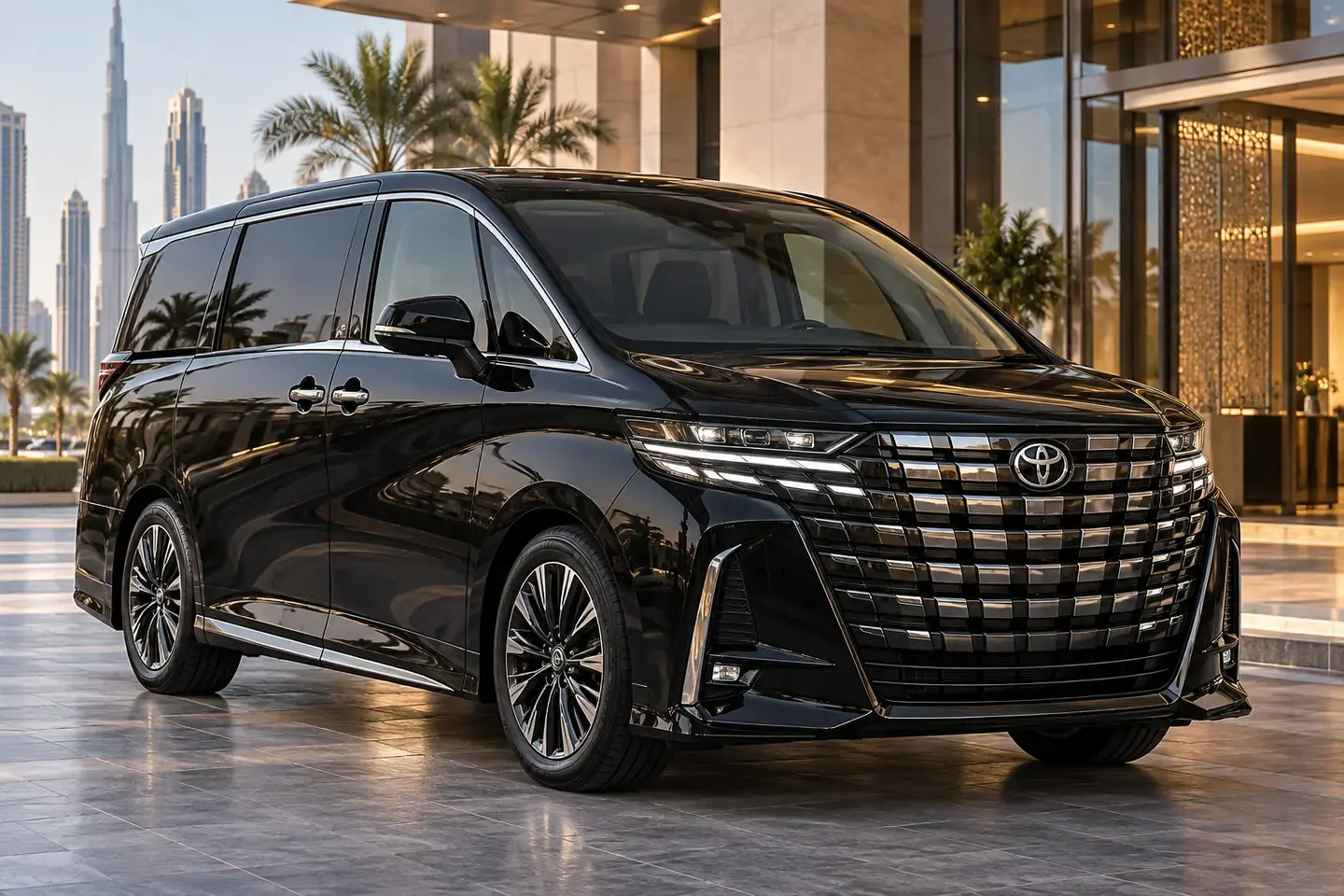 Illustrative black current-generation Toyota Alphard chauffeur MPV outside a Dubai hotel, all doors closed and no plates