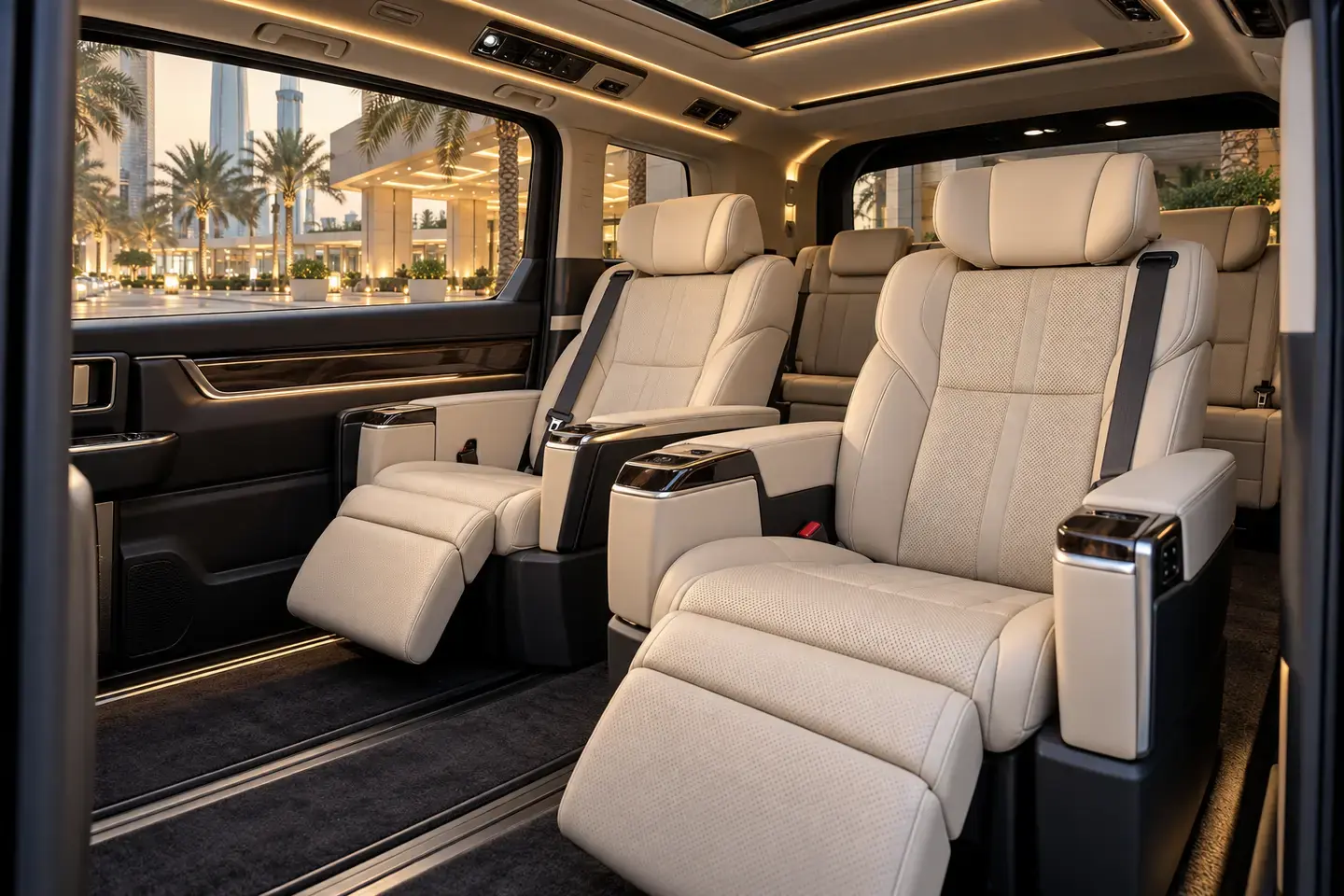 Illustrative cream leather captain-seat passenger cabin for a Toyota Alphard chauffeur request in Dubai