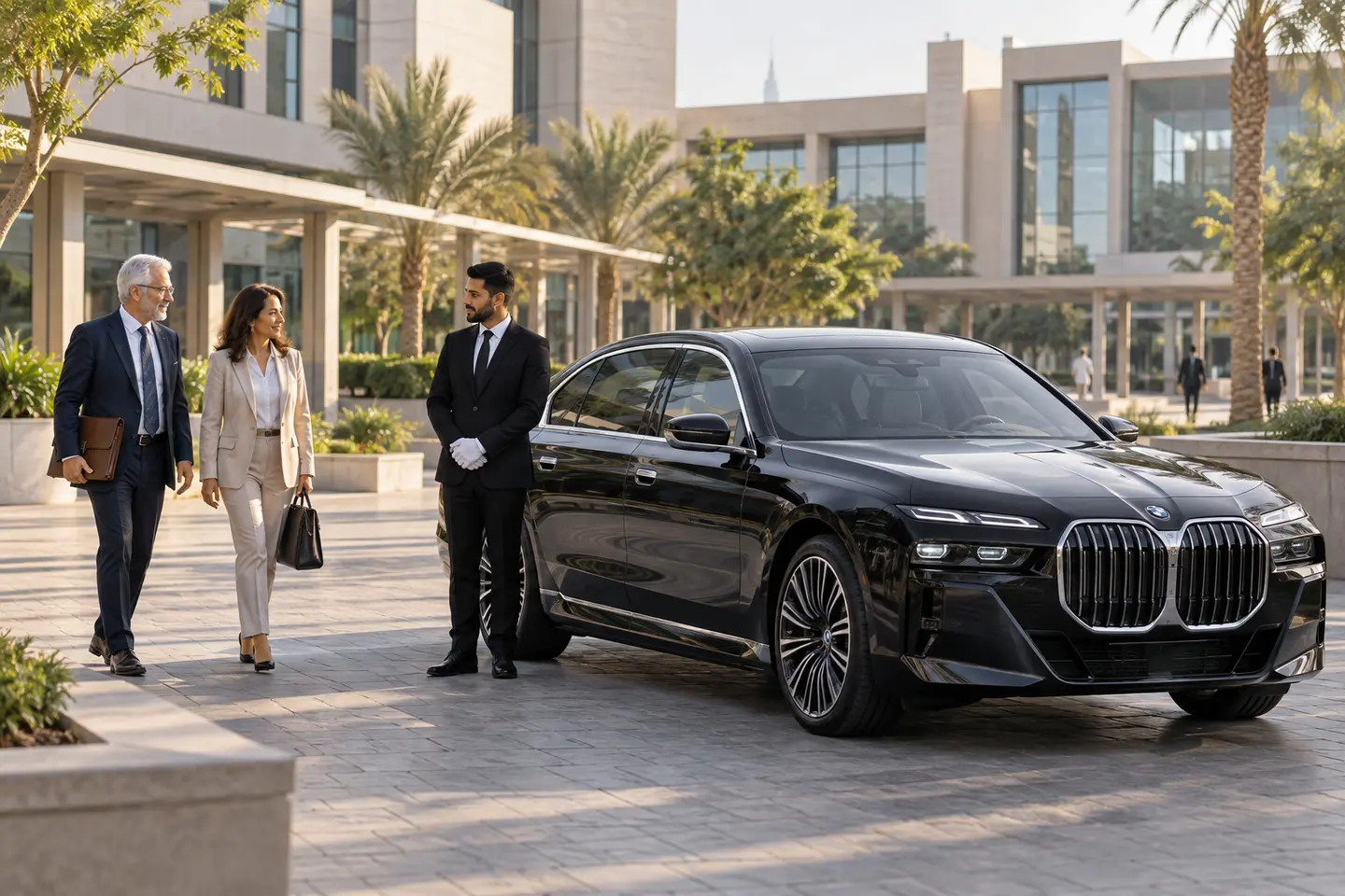 2026 BMW 7 Series chauffeur service for a visiting professor at a Dubai university campus