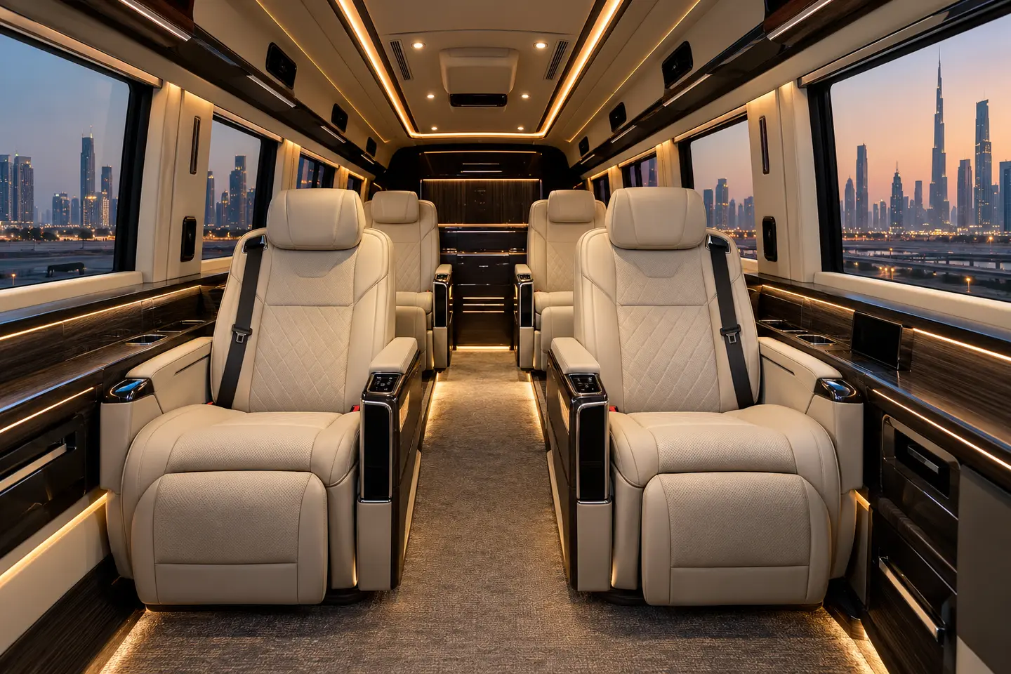 Illustrative high-roof VIP Sprinter conversion cabin with individual cream leather seats in Dubai