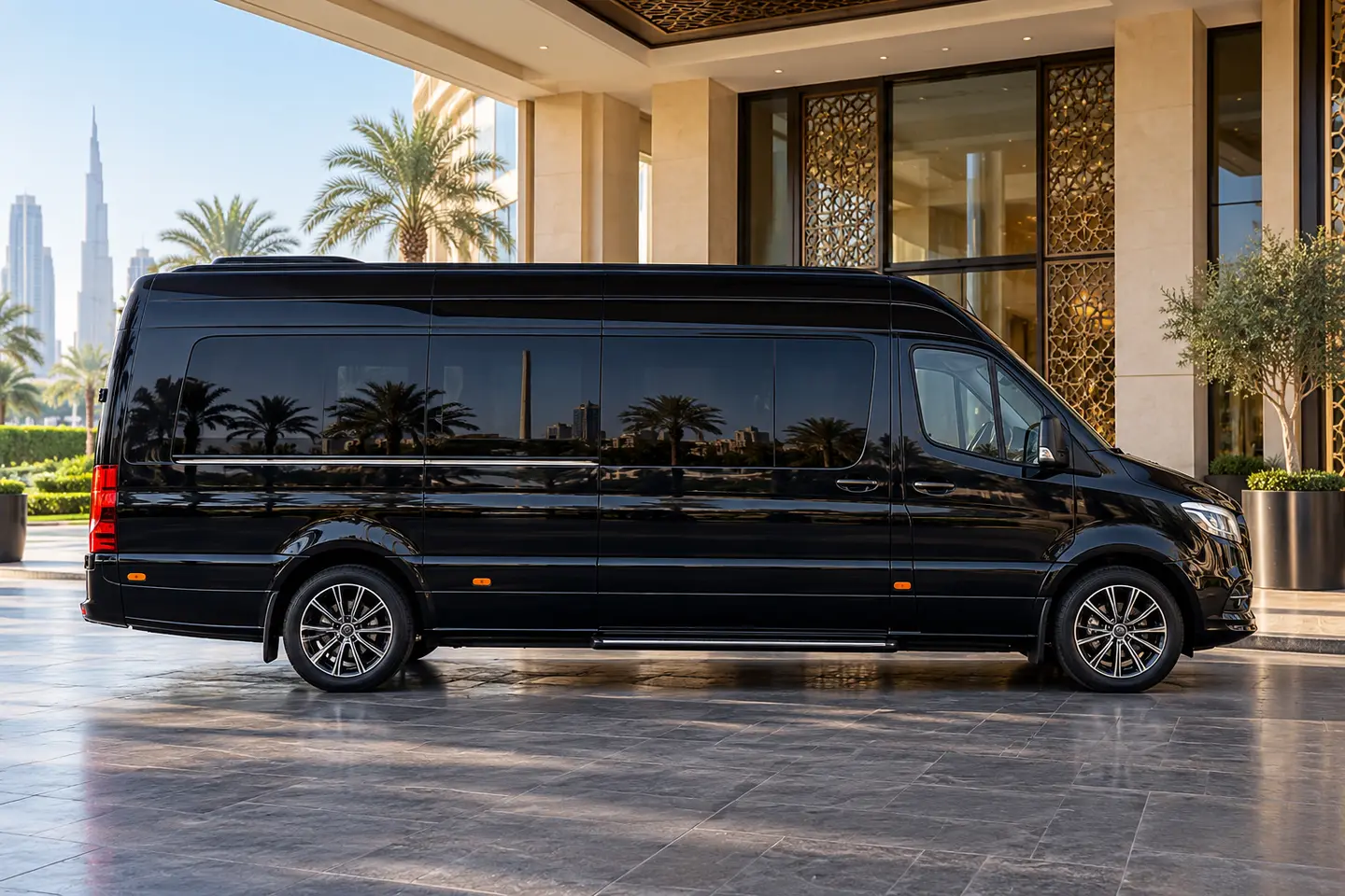 Black current-shape Mercedes Sprinter VIP conversion at a premium Dubai hotel, all doors closed