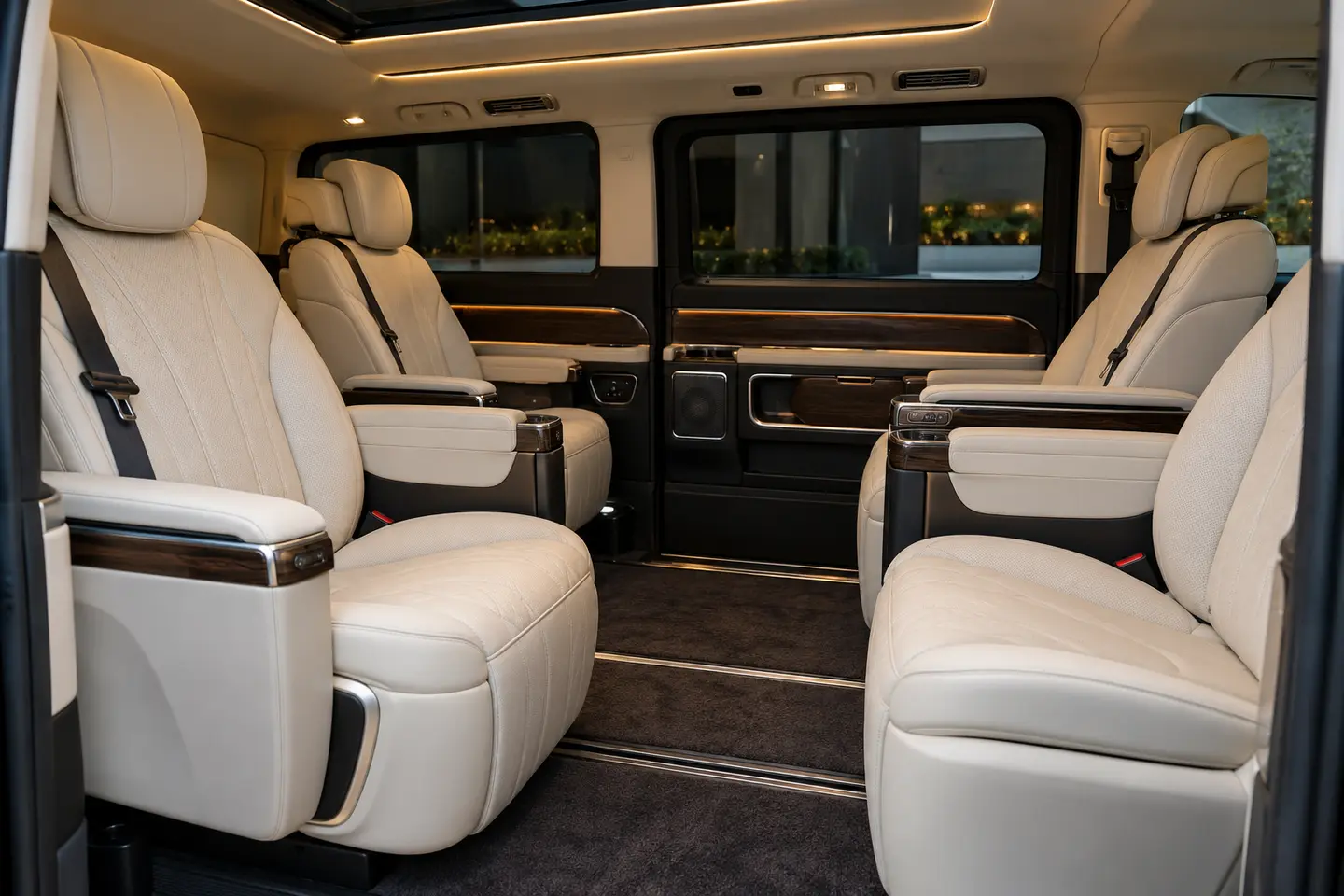 Illustrative VIP Mercedes V-Class conversion cabin with individual cream leather seats