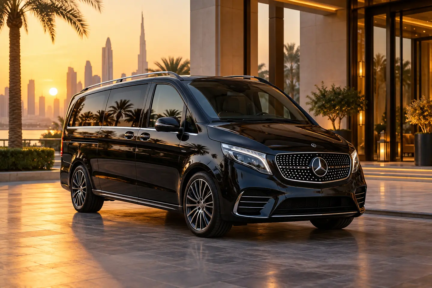 Illustrative black current-shape Mercedes V-Class VIP conversion in Dubai, all doors closed and no plates