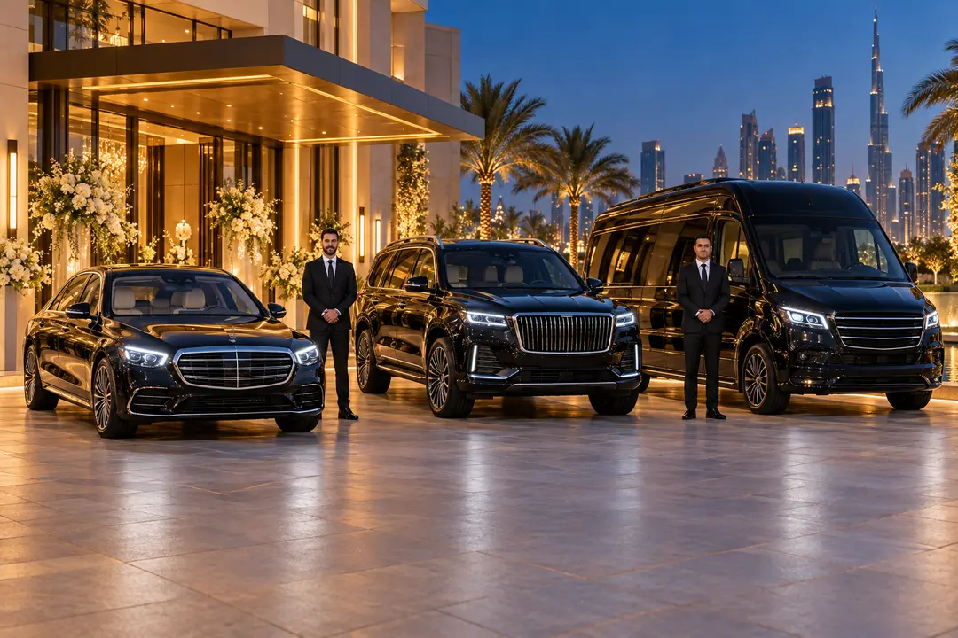 Luxury chauffeur fleet prepared for a Dubai wedding or corporate event
