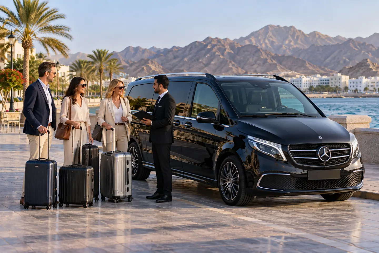 2026 Mercedes V-Class executive chauffeur arrival with passenger luggage in Muscat