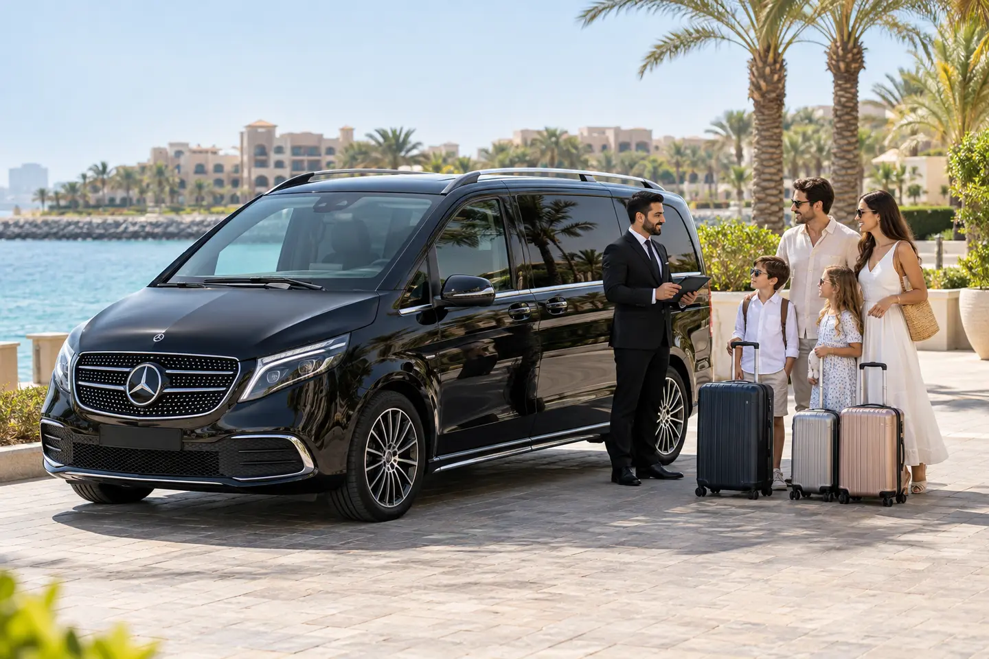 2026 Mercedes V-Class family chauffeur transfer with luggage in Ras Al Khaimah