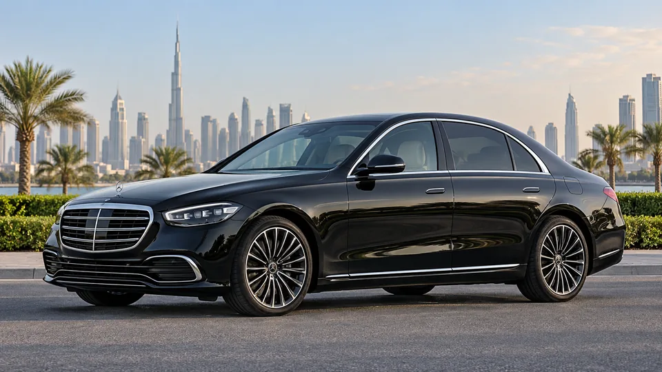 Black Mercedes S-Class shown from the front left side with Dubai skyline and palms
