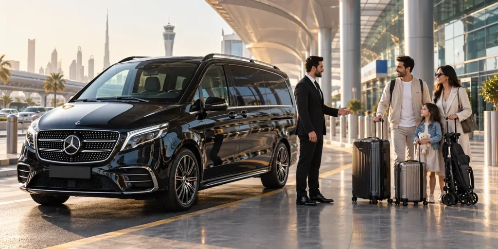 Chauffeur greeting a family with suitcases and stroller beside a black Mercedes V-Class in Dubai