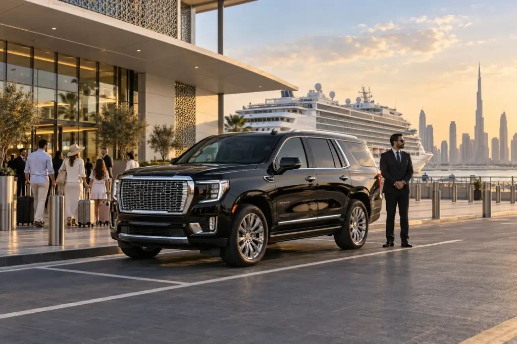 Illustrative black luxury SUV and chauffeur outside a Dubai cruise terminal with travellers and luggage