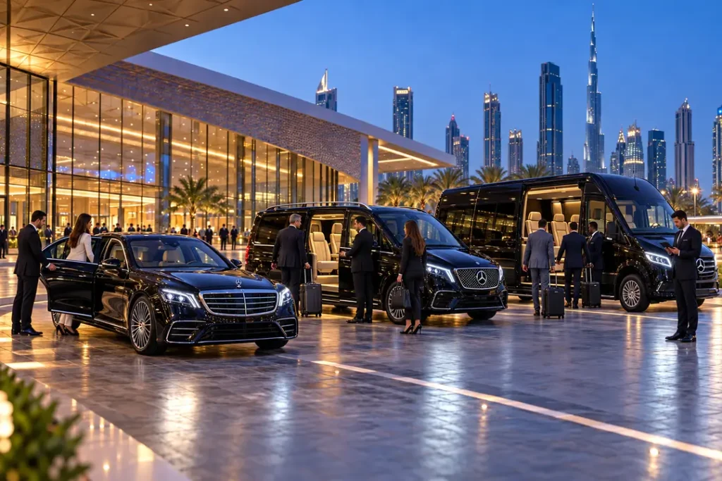 Chauffeurs coordinating executive cars and group vehicles for conference guests outside a Dubai venue