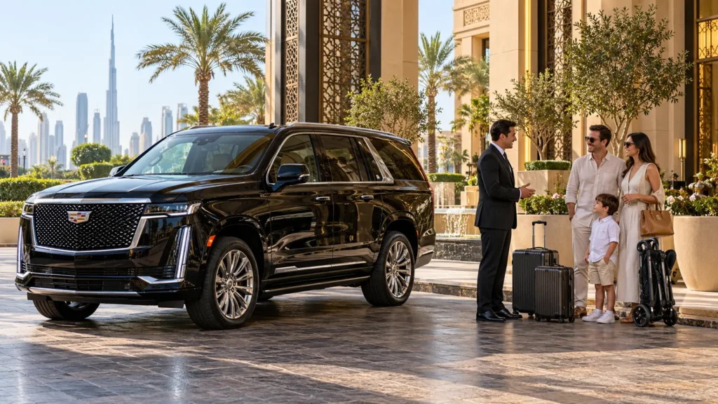 Chauffeur greeting a family beside a black Cadillac Escalade and luggage at a Dubai hotel