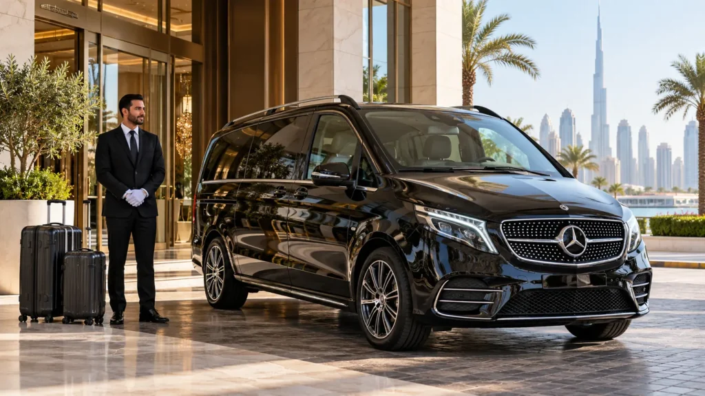 Chauffeur beside a black Mercedes V-Class and luggage at a Dubai hotel entrance