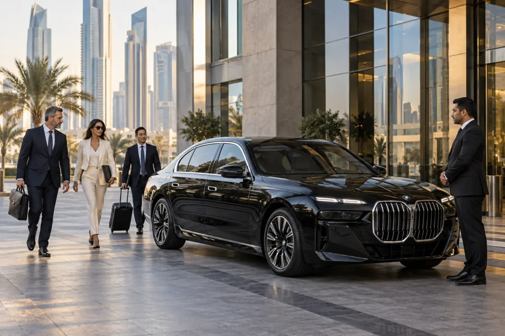 Black BMW 7 Series beside an executive team and chauffeur outside a Dubai office building