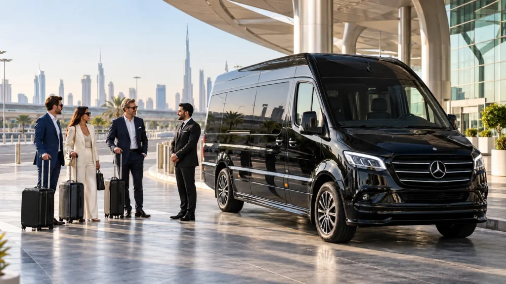 Group of travellers and chauffeur beside a black Mercedes Sprinter at a Dubai airport-style terminal