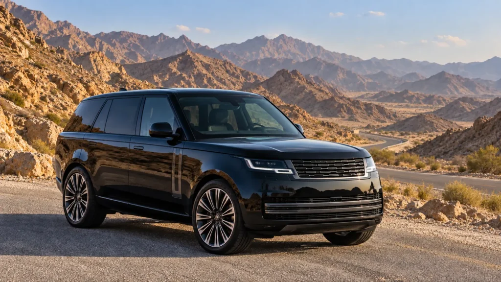 Modern black Range Rover at a mountain-road viewpoint on a Dubai to Muscat journey