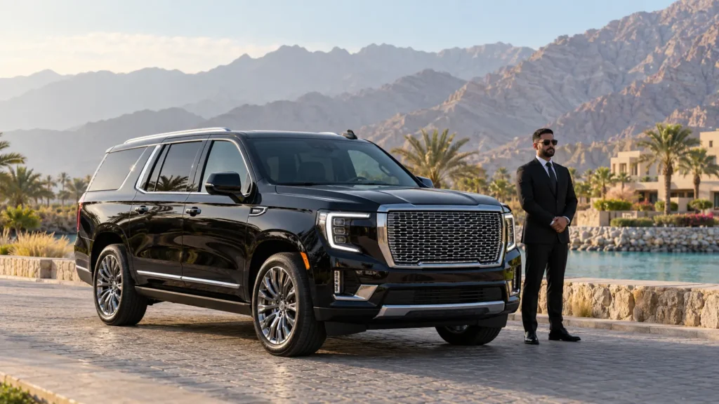 Black luxury SUV and chauffeur with mountain scenery on a Ras Al Khaimah journey