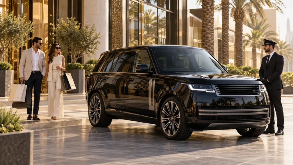 Black Range Rover with shoppers and chauffeur at a Dubai retail entrance