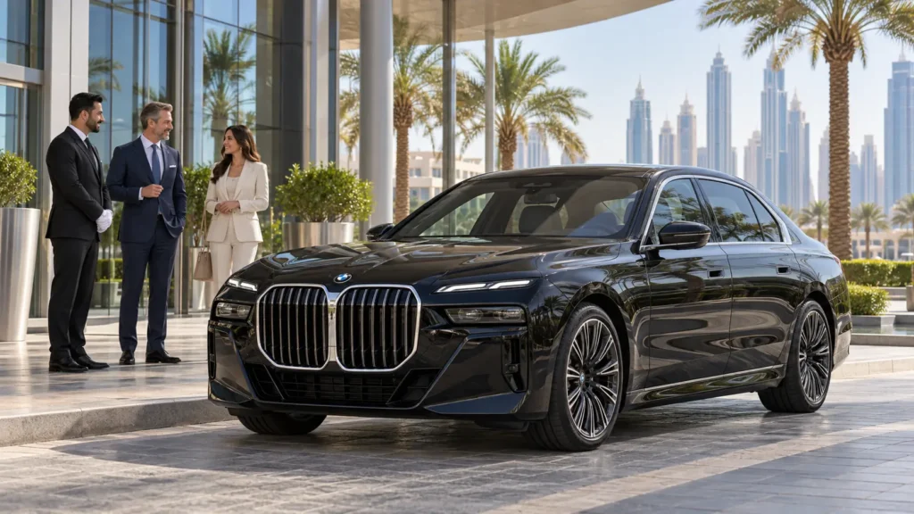 Black BMW 7 Series with delegates and chauffeur outside a Dubai convention venue