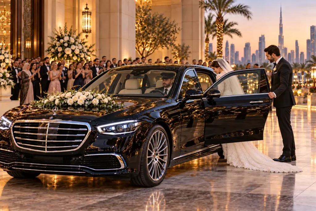 Bride and groom beside a flower-decorated black Mercedes S-Class with chauffeur and wedding guests in Dubai