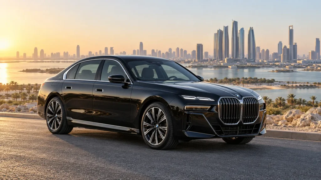 Black BMW 7 Series at an Abu Dhabi waterfront viewpoint on a UAE road itinerary