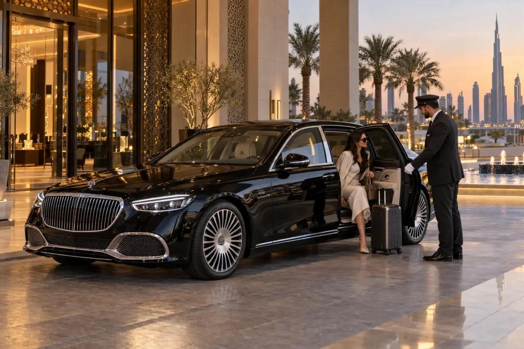 Black Mercedes-Maybach sedan with hotel guests and chauffeur in Dubai