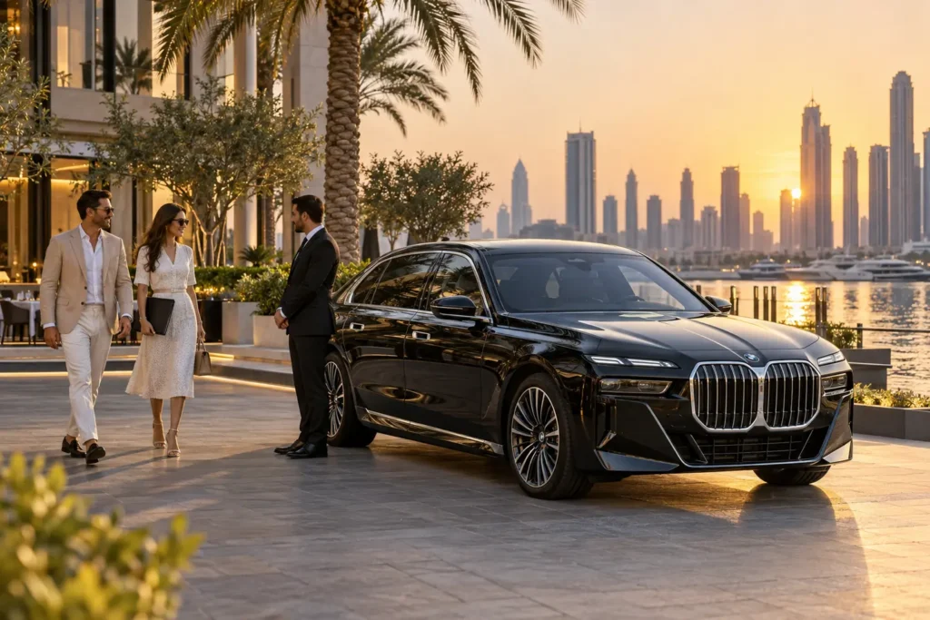 Black BMW sedan beside guests at a Dubai waterfront at sunset