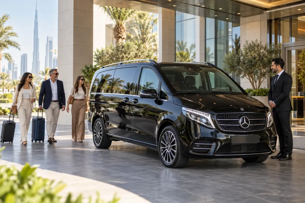 Black Mercedes V-Class with travellers and chauffeur outside a Dubai entrance