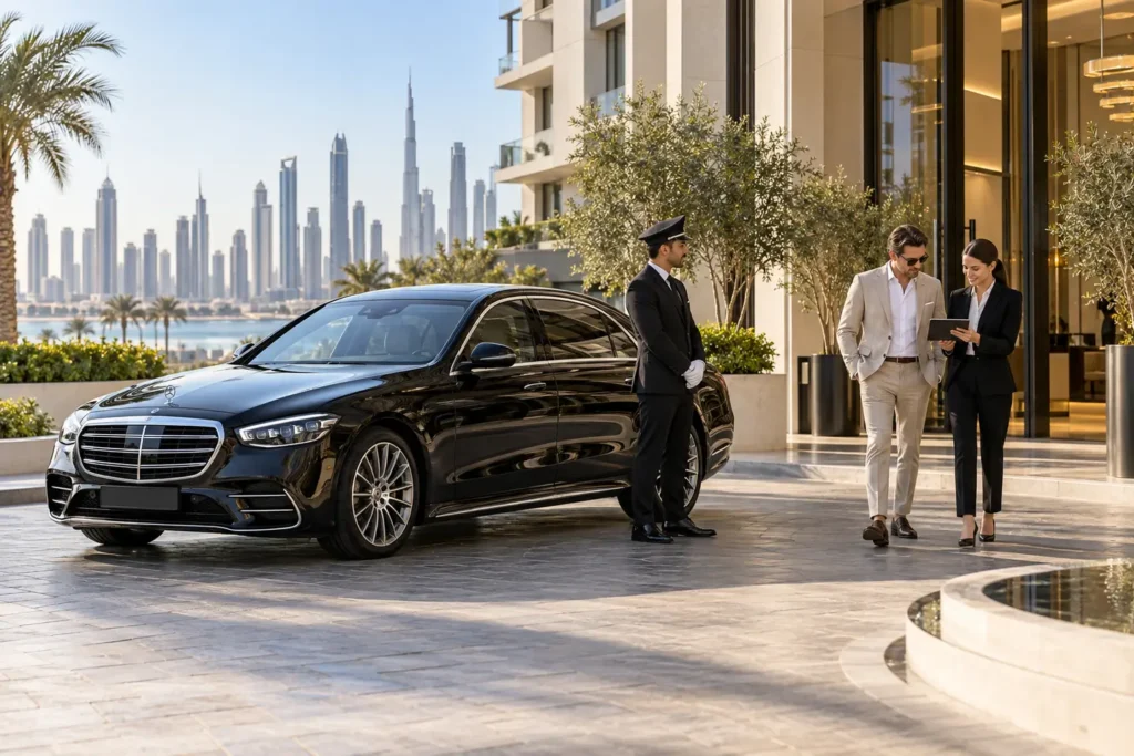 Black Mercedes sedan and chauffeur beside guests at a Dubai property entrance